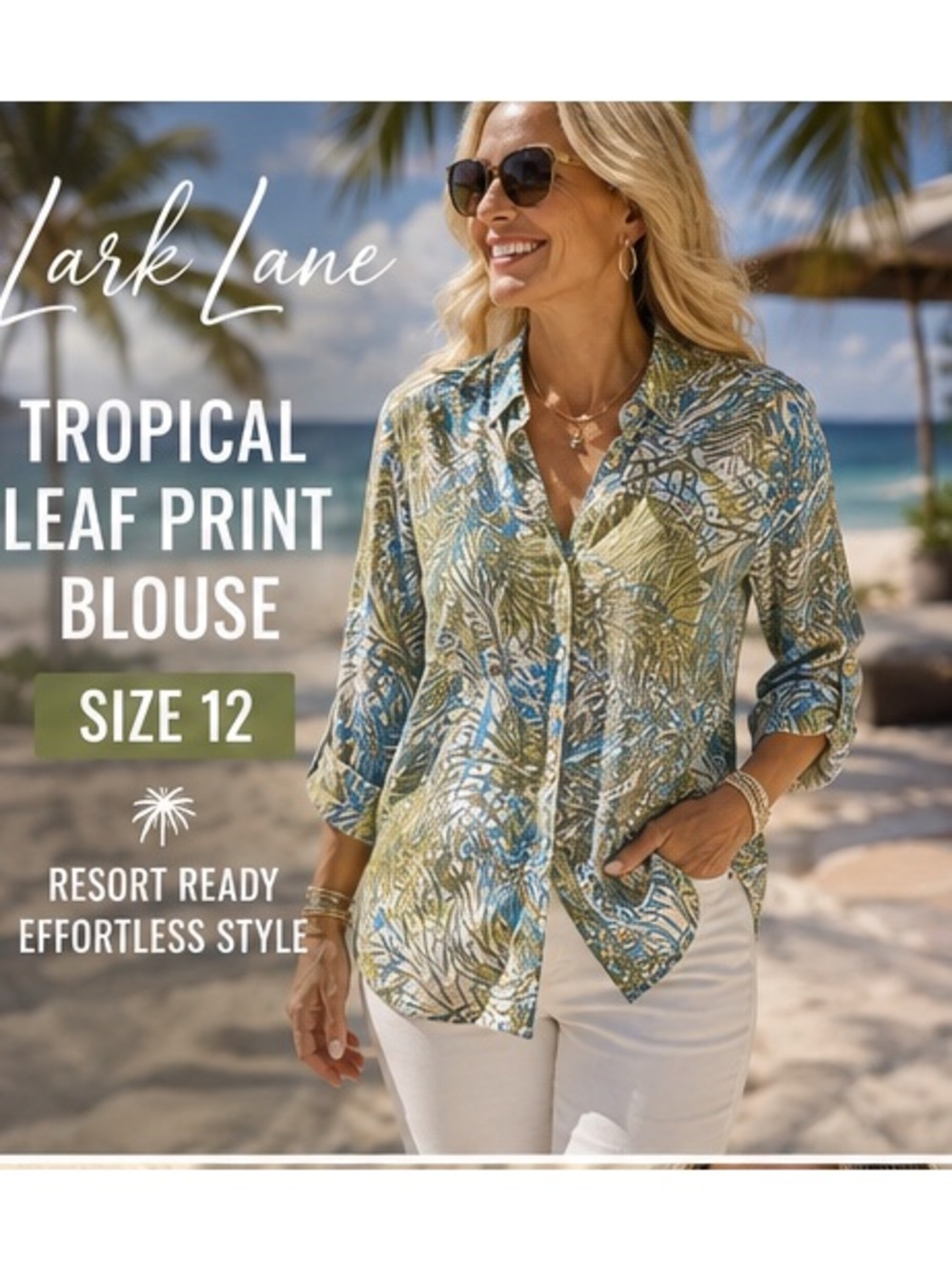 Lark Lane Tropical Leaf Print Button Front Blouse Size 12 Resort Roll Tab Linen
